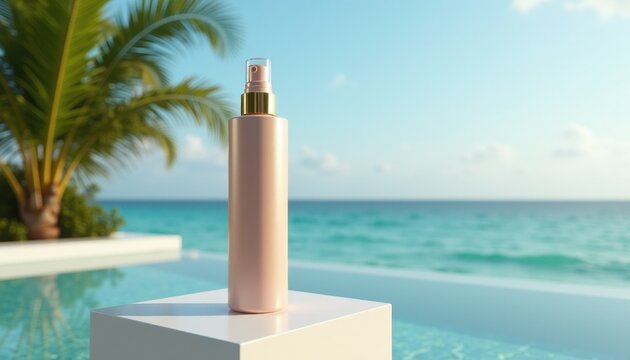 Luxury skincare bottle by pool with tropical background and copy space