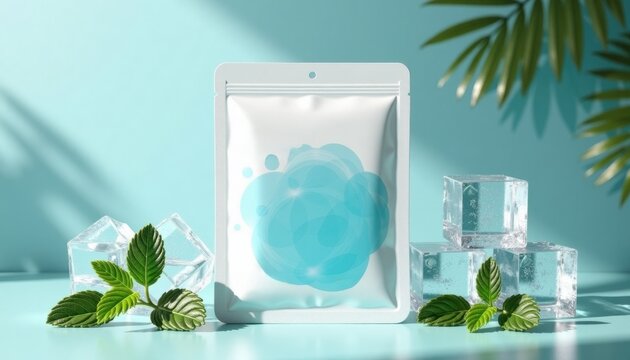 Refreshing skincare product with clear water and mint, copy space