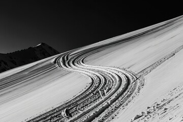 Obraz premium Black and white photo shows ski tracks on a snowy mountain slope. A dark sky looms above a distant peak. Fresh snow covers the landscape with winding trails. This scene suggests winter sport activity.