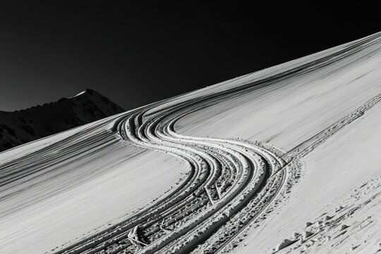 Black and white photo shows ski tracks on a snowy mountain slope. A dark sky looms above a distant peak. Fresh snow covers the landscape with winding trails. This scene suggests winter sport activity.