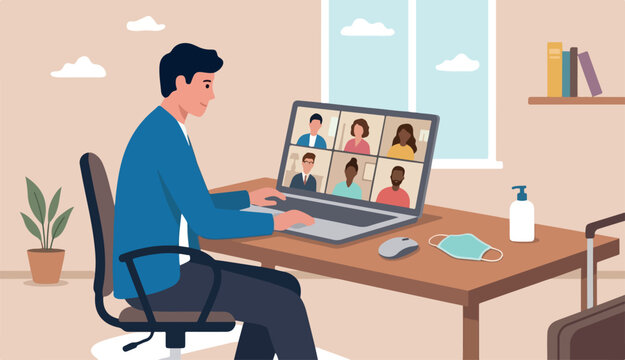 Work from home video conference meeting team social distancing Coronavirus COVID-19 pandemic concept, office guy stay home working home chair conference meeting team laptop computer