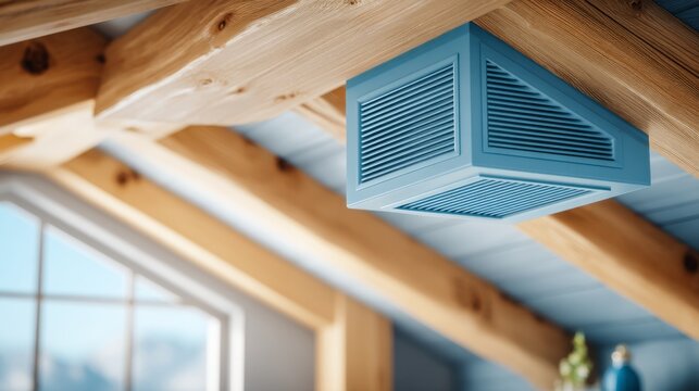 Modern blue ceiling air vent installed in wooden roof beam for ventilation