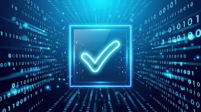 Digital Approval Icon with Binary Data Stream in Futuristic Tech Background
