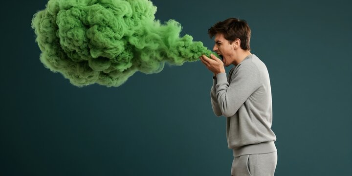 Man with open mouth expels a large cloud of green smoke. He holds hands near mouth as green gas erupts. Bad smell effect, flatulence concept.