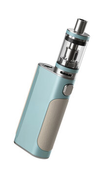 Isolated stylish light blue and beige vape pen with transparent e-liquid chamber.