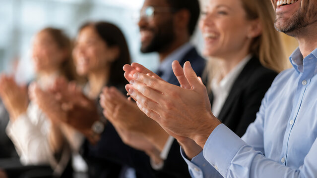 Professional business audience clapping hands, diverse corporate team applauding at seminar, successful conference meeting celebration isolated on White Background ai