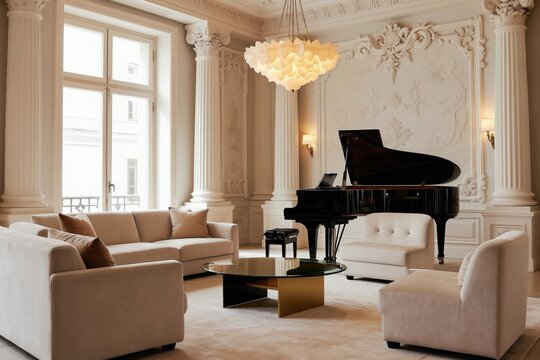 Elegant living room with grand piano, plush sofas. Ornate white walls feature columns, stucco. Modern furniture complements classic decor. Natural light streams through large windows, creating