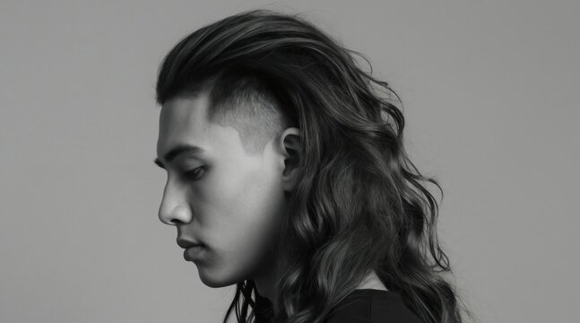 Man with long wavy dark hair and skin fade undercut hairstyle poses in studio. Male model shows off modern haircut and profile in black and white.