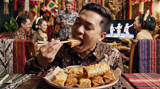 Man eating spring roll.