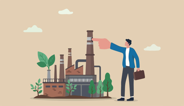 Reduce factory pollution help stop climate change global warming, ecology decrease carbon dioxide sustainability concept, business leader us finger block, stop clog factory chimney
