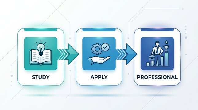 The process of studying, applying knowledge, and becoming a professional, depicted in three distinct stages with icons and text labels