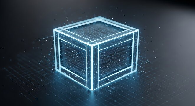 Glowing blue cube with grid pattern on dark background creating futuristic ambiance