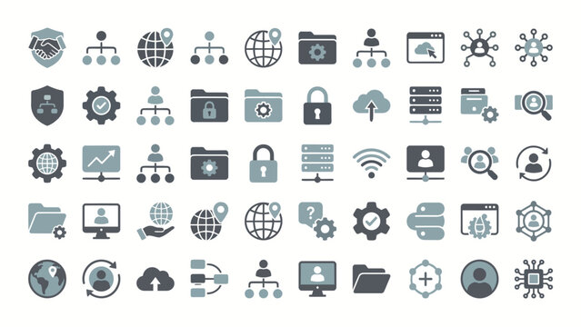 Flat vector icon collection with cloud computing, security, networking, analytics, communication, devices, automation, and digital technology symbols.