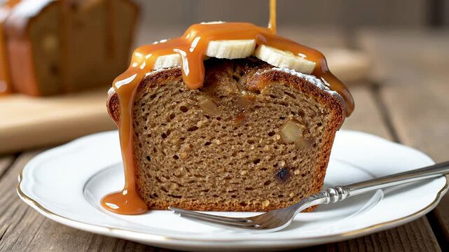 Delicious Banana Nut Bread Slices Drizzled With Caramel Sauce On A Rustic Wooden Table With Bananas On Top