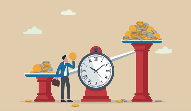 Time red pillars value on this for in is this the to of money, sum of money worth more now at present time than future, inflation or earning cost, value depend on time, businessman investor holding