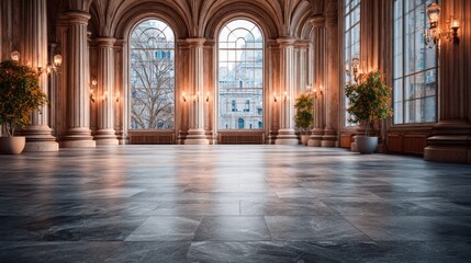 Fototapeta premium Elegant grand hall with ornate columns large arched windows and stone floor