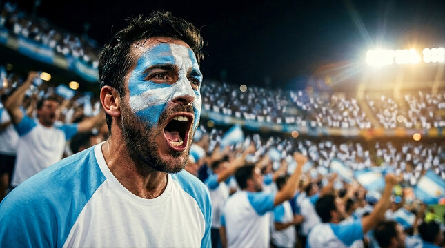 Argentinian Soccer Supporter in Jersey Shouting with Joy Amidst a Blurred Crowd Under Stadium Floodlights