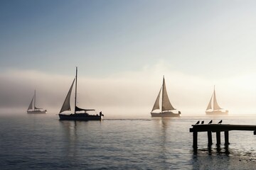 Fototapeta premium Sailboats glide on calm water through morning fog. Soft sunlight creates a hazy, atmospheric scene with gentle light. Birds perch on a wooden pier in foreground.