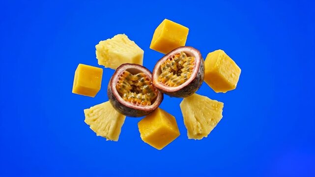 An exotic tropical food composition featuring two cut halves of a ripe passion fruit with seeds, surrounded by levitating yellow mango cubes and pineapple slices against a solid blue screen. Excellent