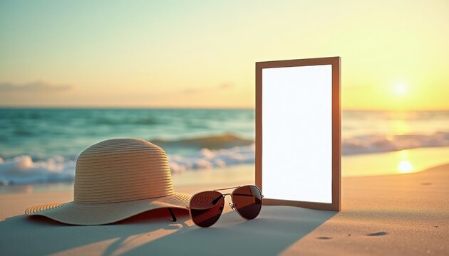 Blank digital tablet with copy space on beach at sunset