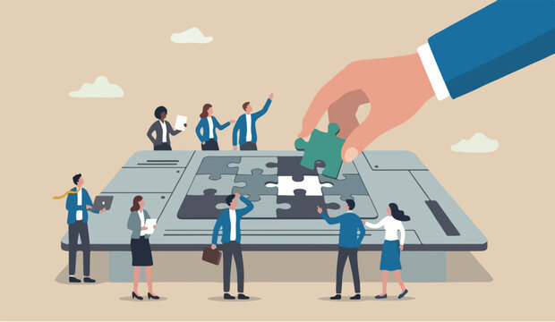 Build to of the ho for go leadership develop teamwork or business partner, cooperate or Big Desk collaborate for to success, assist or to help, giant businessman hand connect last jigsaw puzzle