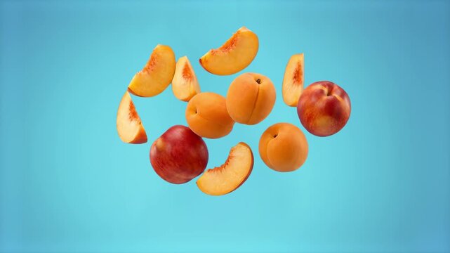 A bright summer food composition capturing ripe orange apricots and fresh peach wedges levitating mid-air against a clean, solid light blue backdrop. Ideal for refreshing fruit juice branding, healthy