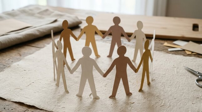 A circle of diverse paper people holding hands, symbolizing unity and equality. The figures represent different skin tones, creating a powerful visual message of inclusivity