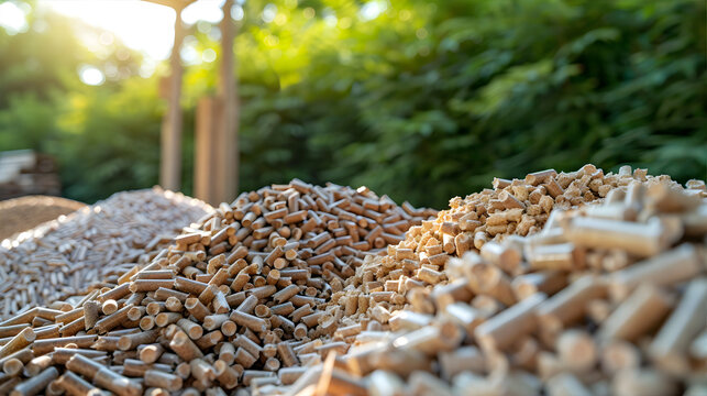 Pile of wood pellets for heating system outdoor. Sustainable biomass fuel for renewable energy production. Organic material made from compressed sawdust. Eco friendly household power source.