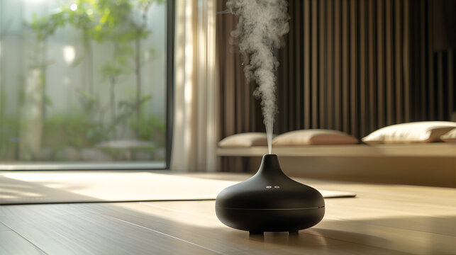 Black essential oil diffuser releasing aromatic mist in living room. Modern electric ultrasonic humidifier for home spa and aromatherapy. Wellness lifestyle and relaxation concept.