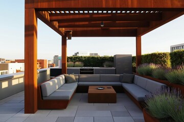Obraz premium Rooftop patio with rust pergola offers city view and modern outdoor kitchen. Gray sectional sofa and coffee table provide comfort. Rich greenery and lavender planters surround the seating area.