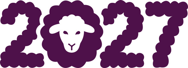 Purple fluffy texture 2027 typography vector icon with sheep head silhouette replacing the number zero, creative new year zodiac logo © Yeva Storm