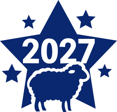 Blue star shape vector icon with white sheep contour, small surrounding stars, and 2027 typography, festive award or celebration badge design