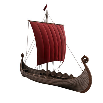 Isolated traditional ancient Viking longship with red square sail, wooden hull, and carvings