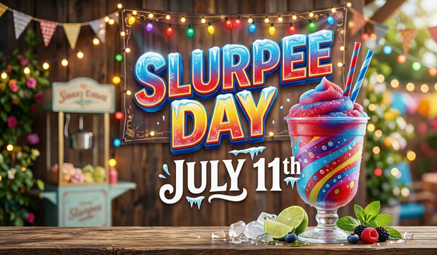 Slurpee Day July 11th celebration with colorful frozen slushy drink.