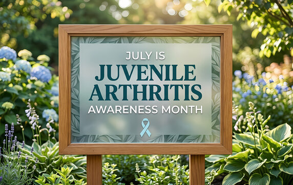 July is Juvenile Arthritis Awareness Month garden sign with blue ribbon.