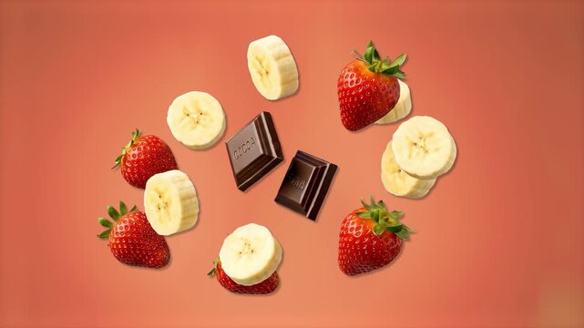 A delicious 3D culinary animation featuring sliced sweet bananas, ripe strawberries, and pieces of chocolate bars tumbling down gently. Set on a warm peach background, this seamless food loop works be