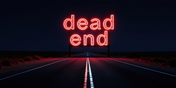 Neon red dead end sign glows above dark empty road at night. Endless highway leads to sign, symbolizing finality and warning. Stark warning illuminated, exit signage, ultimate conclusion