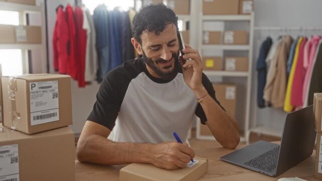 Man holds phone to ear while writing a shipping label on a package in studio surrounded by boxes and clothing racks; entrepreneurial focus.