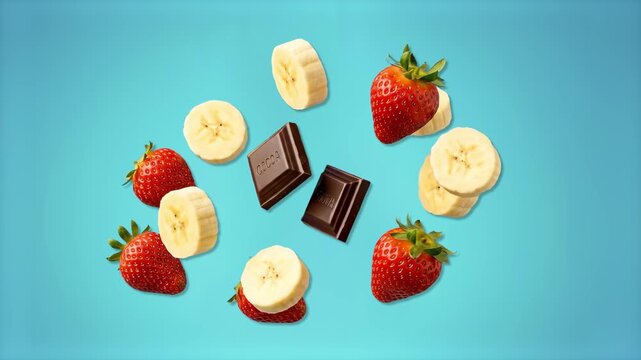 A mouth-watering 3D food animation of fresh red strawberries, sliced banana pieces, and dark chocolate squares falling continuously against a bright teal background. This beautiful loop is excellent f