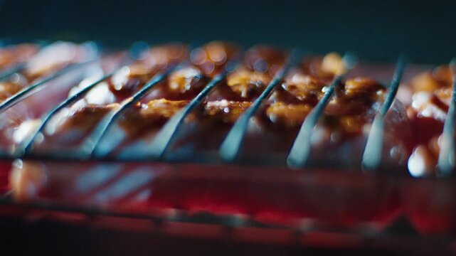 Sausages on the BBQ grilled on the natural coal fire at night. Close up view with shallow DOF