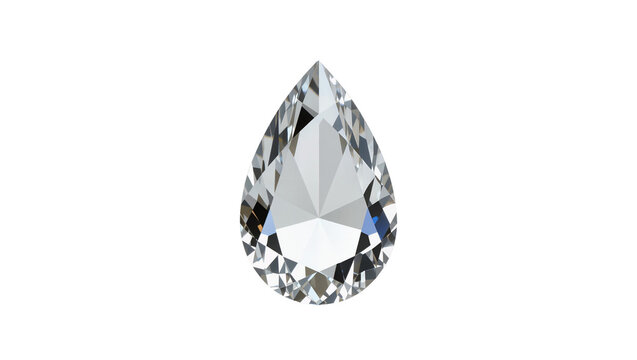 Isolated pear shaped diamond gemstone brilliant cut clear crystal with sparkling facets.