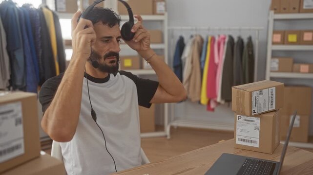 Man putting on headset and rubbing temple while packing shipping boxes in a building; frustration focus.