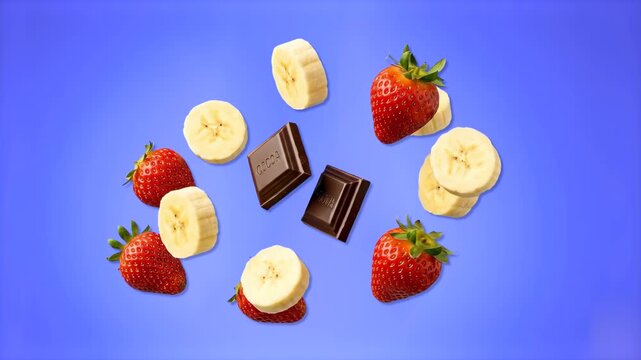 Fresh pieces of banana, sweet strawberries, and chunks of chocolate blocks floating together in a seamless sequence. Shot on a clean blue background, this clip is perfect for composite editing and com