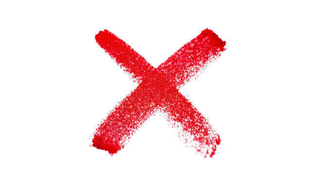 Isolated hand-drawn red X mark symbol, textured brush stroke, rejection or cancellation sign.