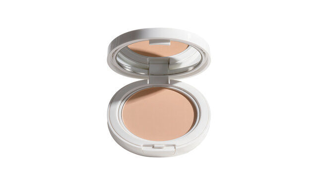 Isolated open cosmetic compact powder with mirror, beige shade for flawless skin complexion