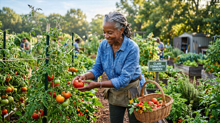 Fototapeta premium Smiling Senior Black Woman Harvesting Fresh Organic Tomatoes into a Wicker Basket at a Vibrant Community Garden