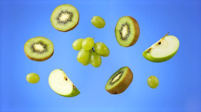 A colorful 3D animated food background featuring green grapes, fresh apple slices, and halved kiwi fruits falling and tumbling down in a seamless loop. The organic food asset is isolated on a vivid bl