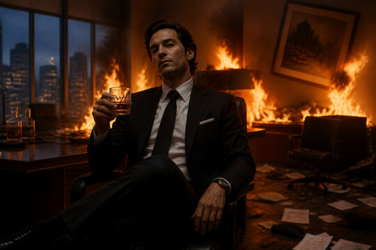 Man holding glass in burning office with city skyline