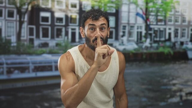 Man with beard and tank top, finger to lips for silence on canal street beside tour boat and canal houses; mischievous secrecy.
