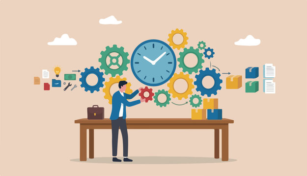 Efficiency or productivity, manage resources time optimize work result, increase or performance with effective process, businessman combine big desk clock timer gear cogwheel for best efficiency